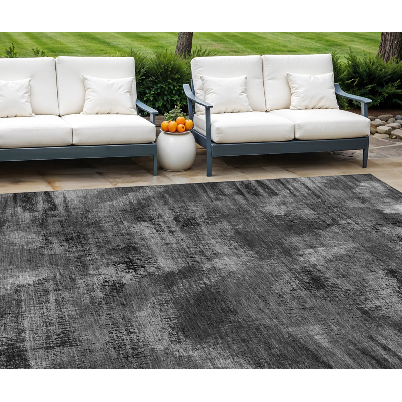 Tapis d'extérieur lavable gris anthracite et argent 10 pi x 14 pi abstrait gris