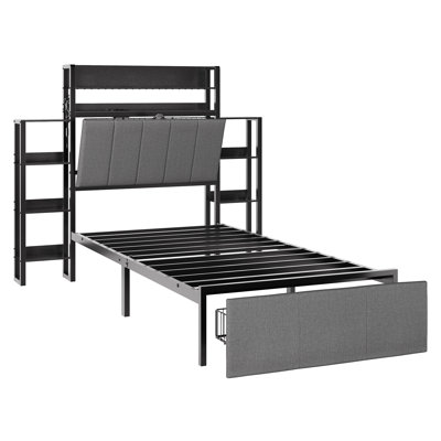 Twin Upholstered Platform Bed Frame with LED Lights, Charging Station & Hidden Storage, Headboard Shelf & Pull-Out Footboard Drawer, No Box Spring Required, Black