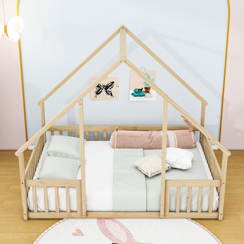 Wood House-Shaped Floor Bed With Guardrails, Natural, Full