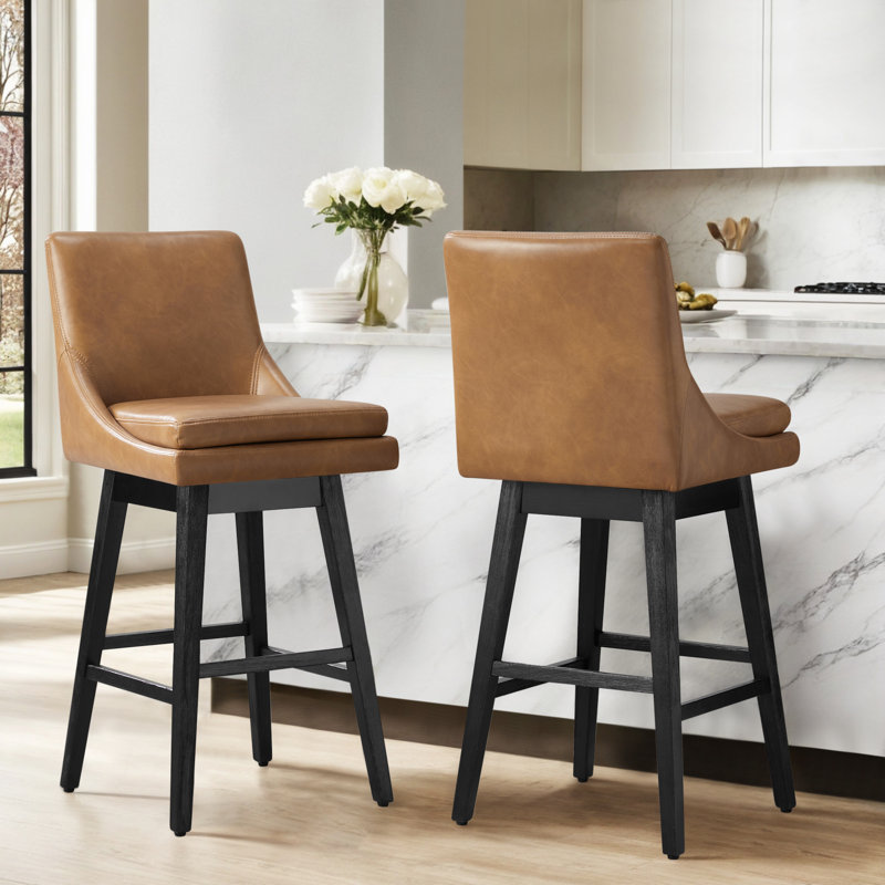 Aleksy Swivel Upholstered Counter Stool with Solid Wood Frame, Bar Stool (30" Seat Height), Camel