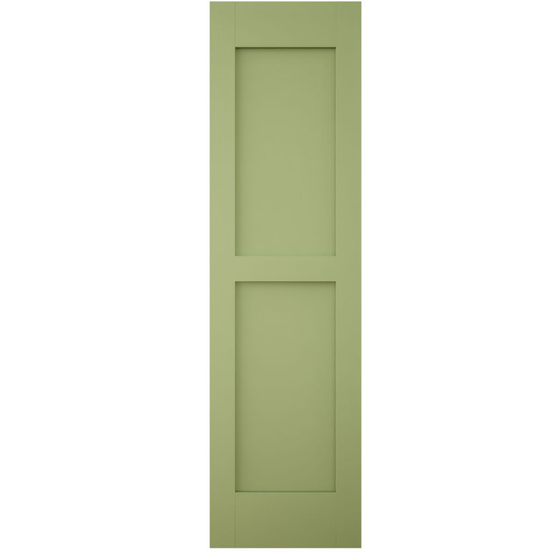 Volets extérieurs Americraft à deux panneaux plats égaux en bois véritable (par paire), avec capuchons de volets en aluminium, vert mousse, 15 po L x 80 po H