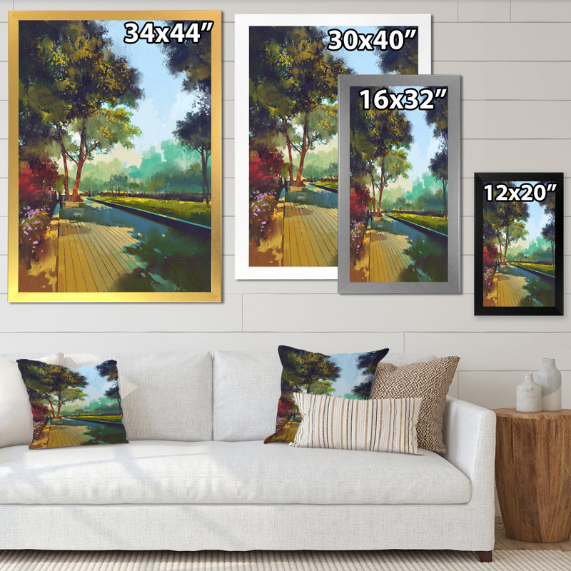 Alley in Colorful Spring Park - peinture sur toile, H 40 po x l 30 po x P 1,5 po, Cadre de coin argenté fermé
