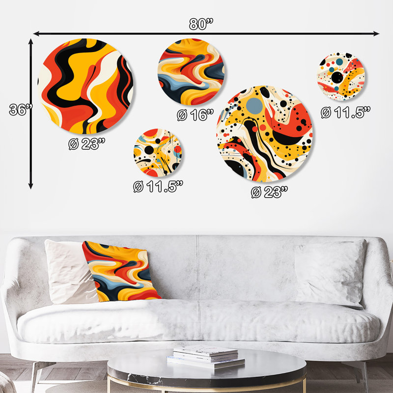 Jaune et rouge Popart Lichcell Lines I - ensemble d'art mural géométrique moderne rond de 5