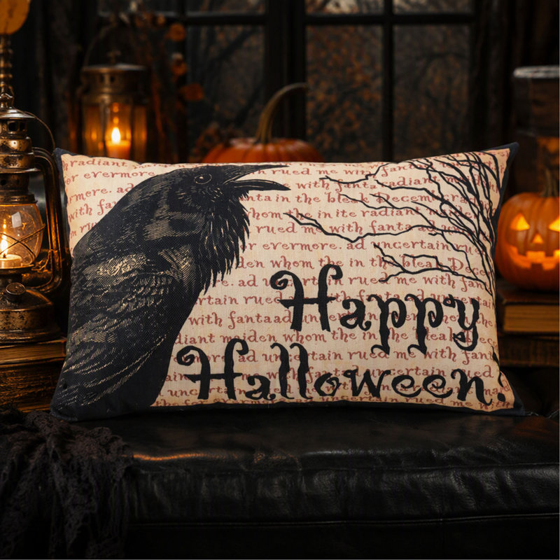 Coussin décoratif 51 x 33 cm à motif de corbeau avec inscription « Joyeux Halloween » pour décorer votre canapé en automne.