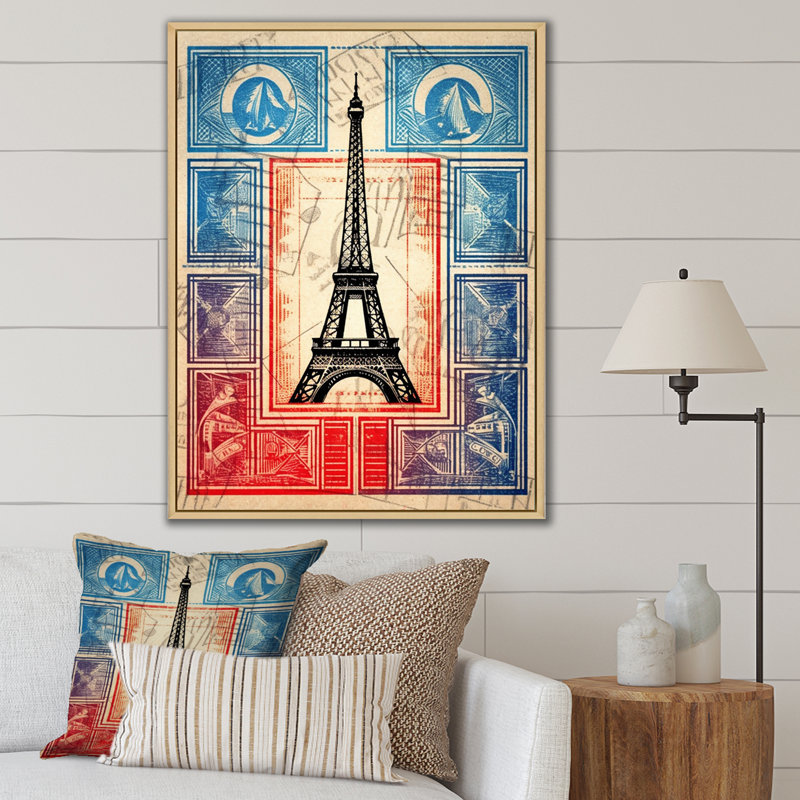 Illustration rétro du cachet de la Tour Eiffel sur toile, 32" H x 16" W, Silver Picture Framed