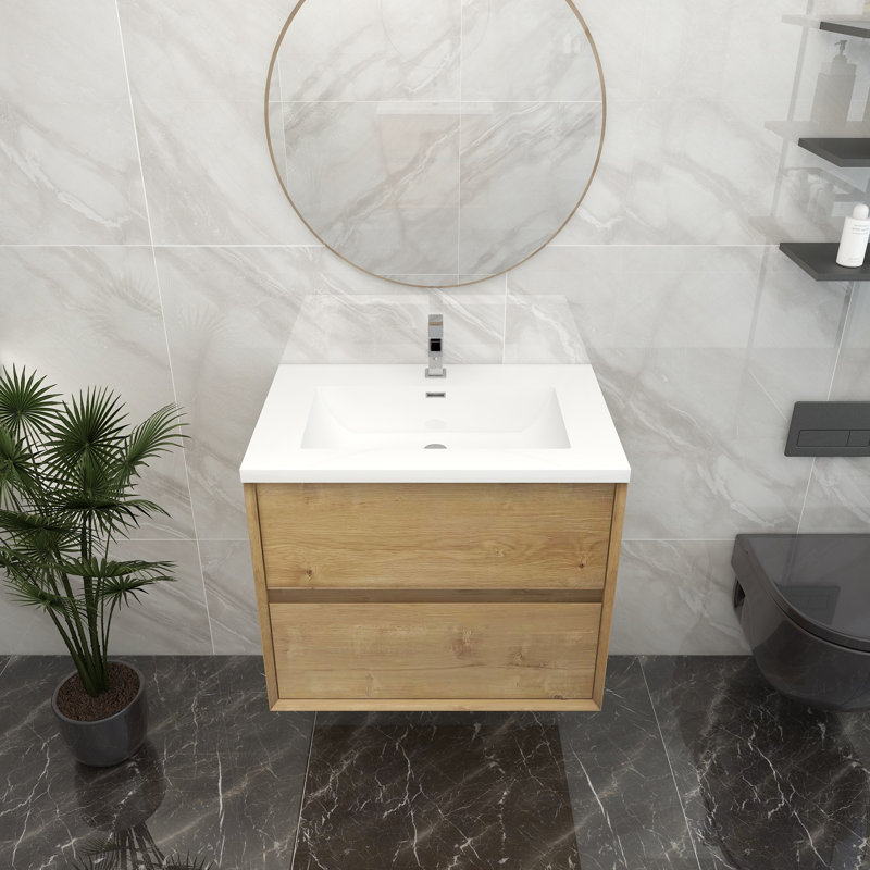 Ensemble de meuble-lavabo mural simple 30 po, Teck chêne