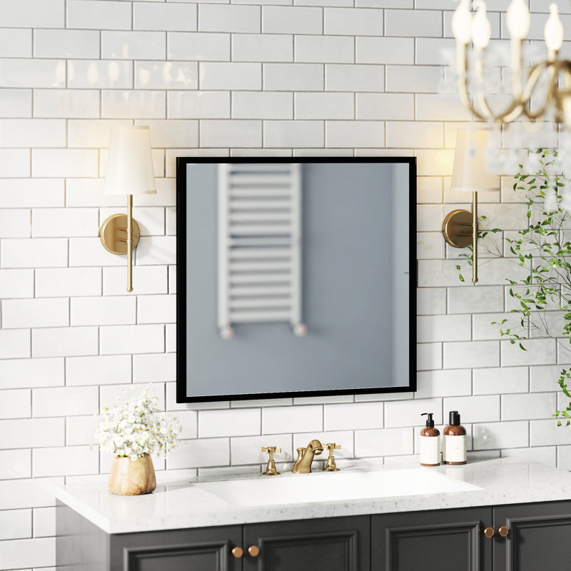 Miroir carré 32 po en aluminium noir pour couloir, grande surface de réflexion, cadre, design contemporain, miroir de salle de bain mural facile à installer, processus intemporel