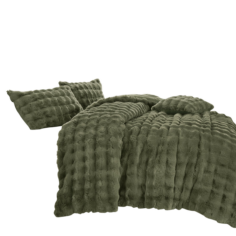 Ensemble d'édredon vert en fausse fourrure à bulles 4 pièces - Literie en polyester texturé moelleux