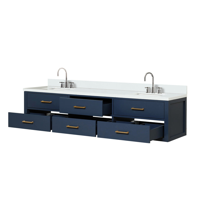 Ensemble de meuble-lavabo double avec comptoir en quartz blanc et robinet, Bleu
