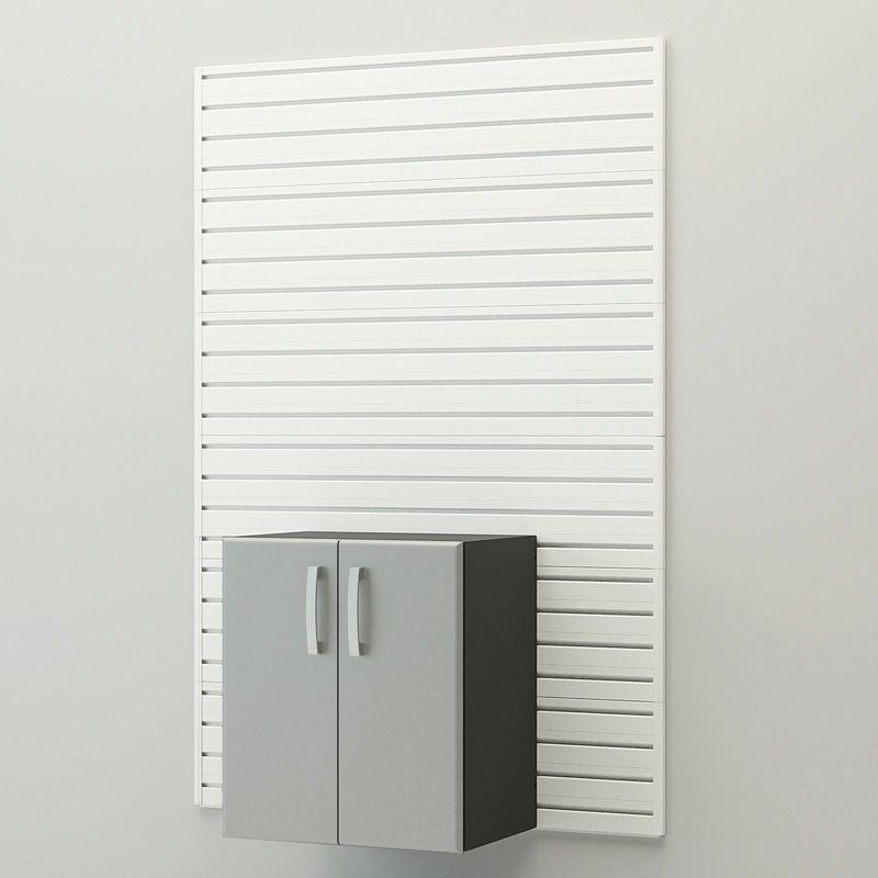 Flow Wall 10 Piece Slatwall Panel, Cabinet, Bin Storage Set, White Slatwall/Silver Cabinets