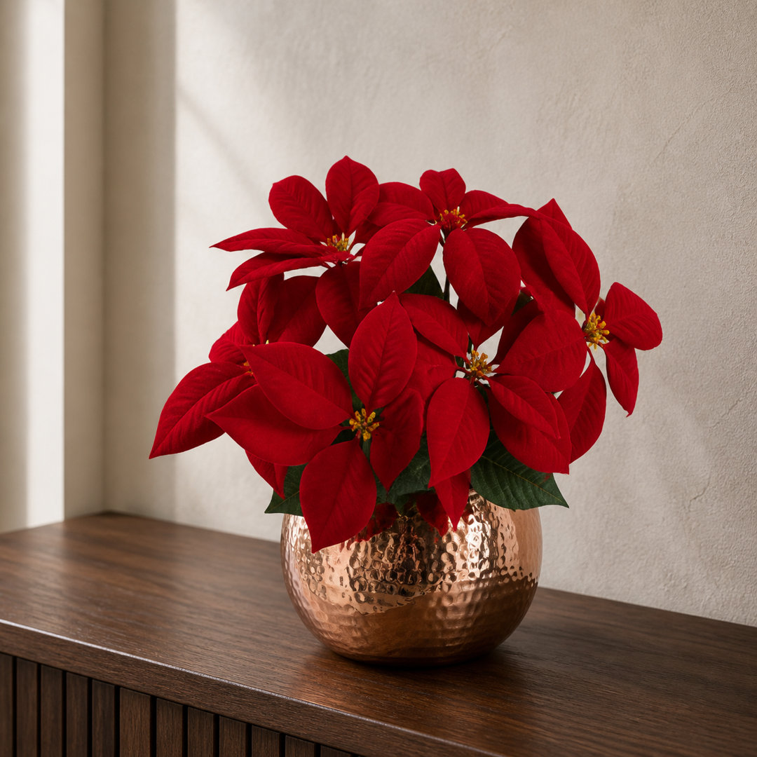Leaf Artificial Christmas Xmas Red Poinsettia 40cm Houseplant in Pot, Silk, Copper Curved Edge - Image 7