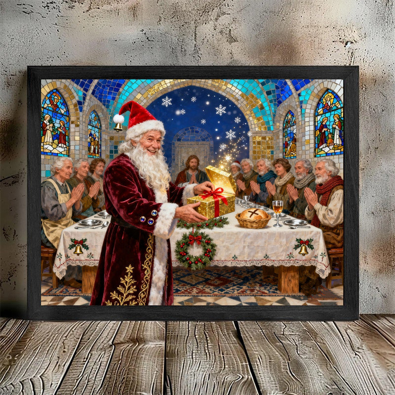 Art mural noir encadré rétro du Père Noël - impressions de décorations de scène religieuse de Noël, H 11 po x l 9 po