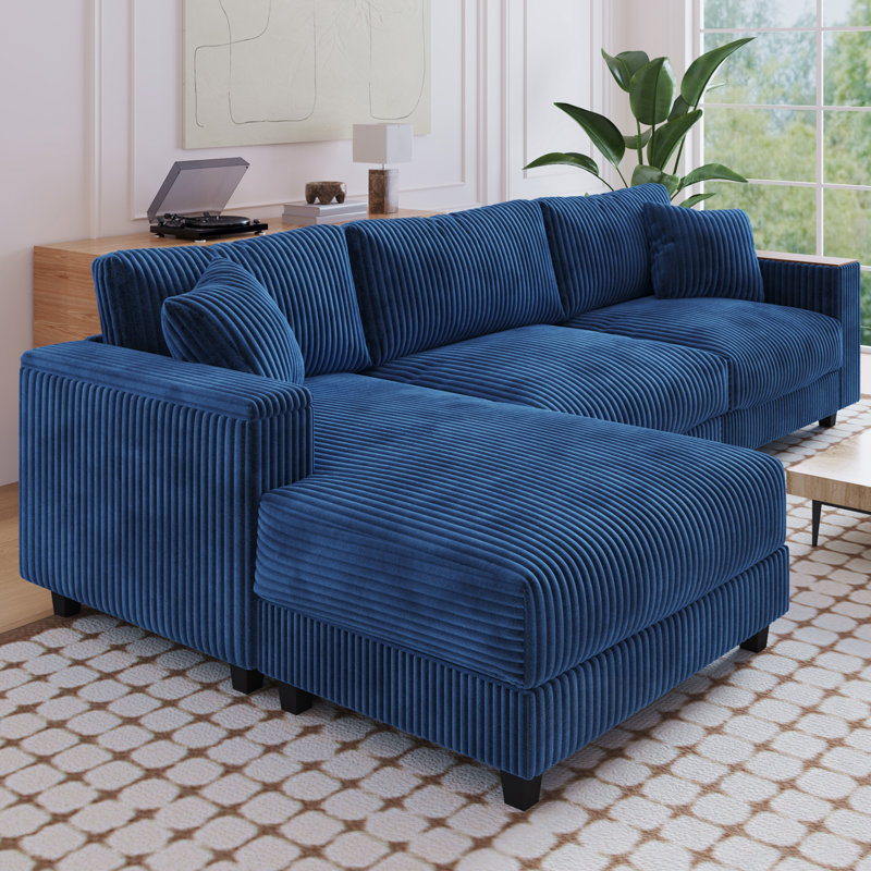 Corduroy L Shaped Xanthe Sofa with chaise and armrest storage, Antique Blue