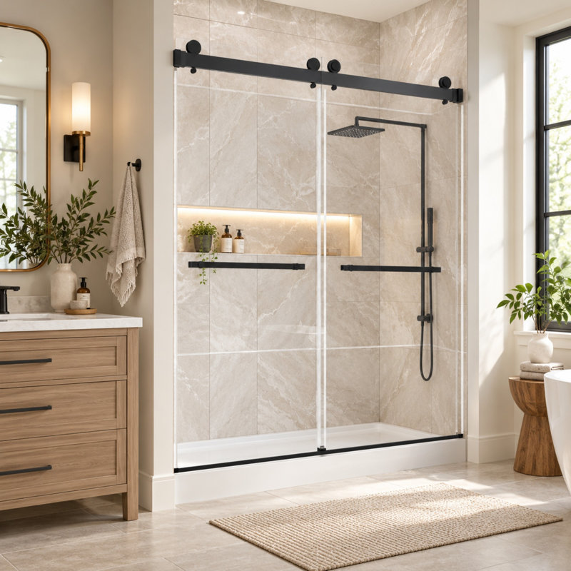 56" - 60" W x 74'' H Double Sliding Frameless Shower Door, 1/4" Clear Tempered Glass with Quiet Rollers, SGCC Certified