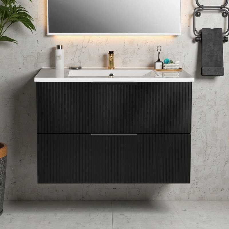 ​​36 Inch Wall-Mounted Floating Vanity with Ceramic Sink​, Black