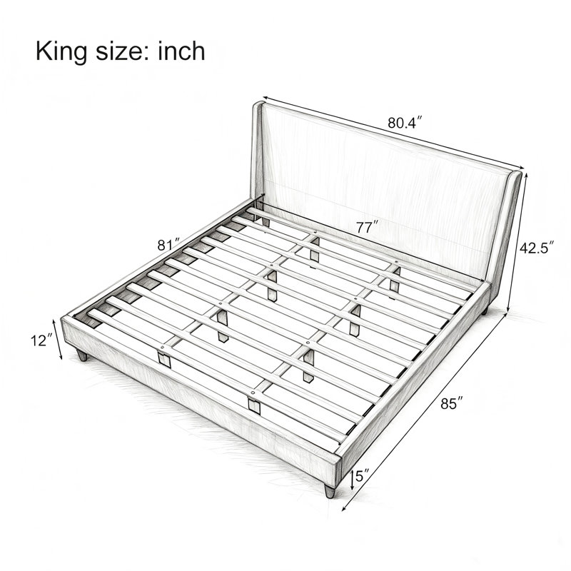 Modern Upholstered Platform Bed with Wingback Headboard and Walnut Wooden Legs, No Box Spring Needed, Ivory Boucle, King