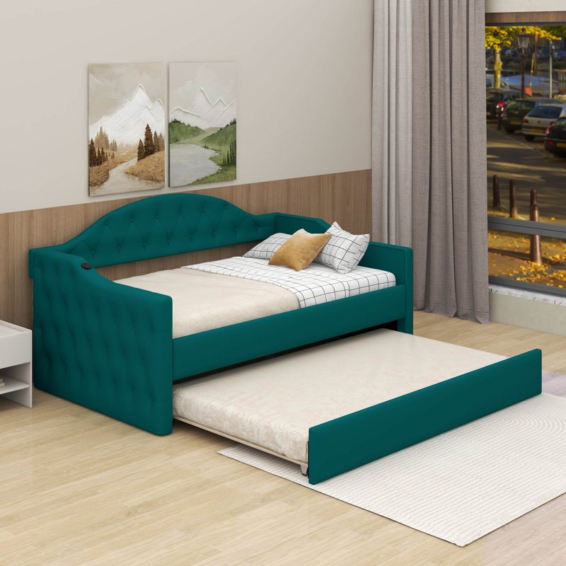 Lit de jour simple capitonné et rembourré avec couchette, canapé-lit en velours avec ports USB et ports de charge de type C
