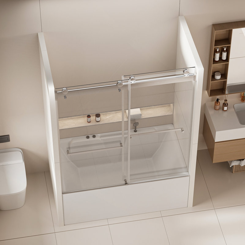 Porte de baignoire coulissante double sans cadre H 56 po x l 62 po x 62 po, porte de douche bypass à fermeture douce