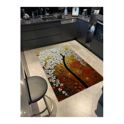 Pastel Theme Sunset Blooming Tree Pattern Modern Decorative Machine Washable Rug