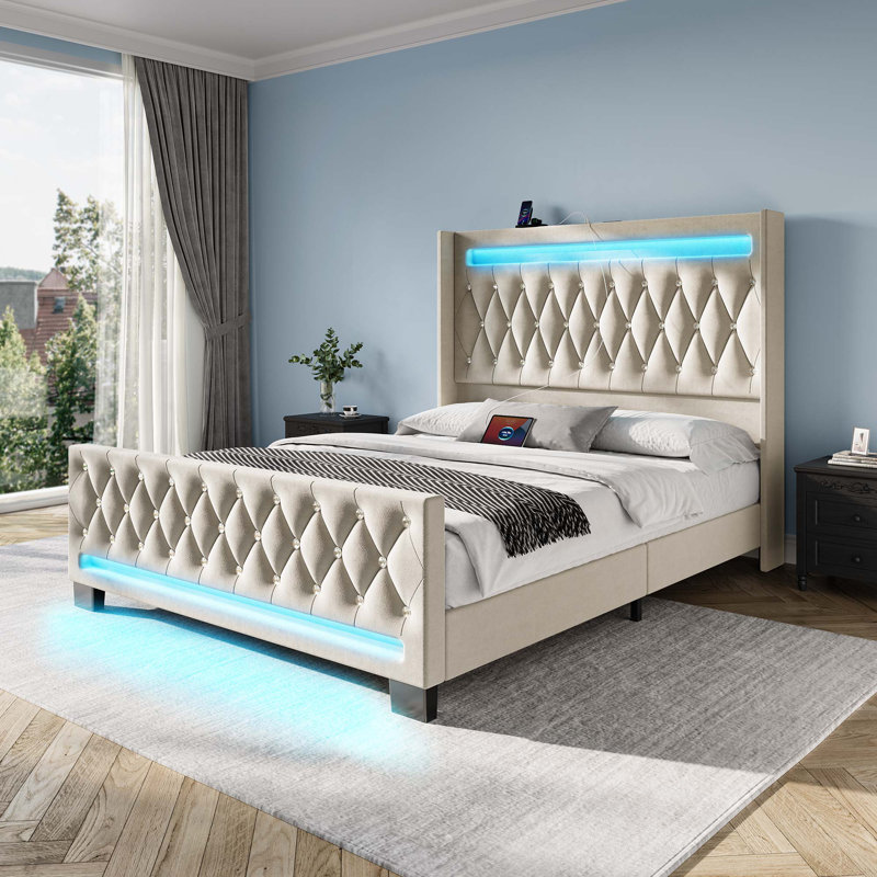 Herica Upholstered Wingback Bed with Headboard, Charging Station and RGB LED Lights, Beige, Queen