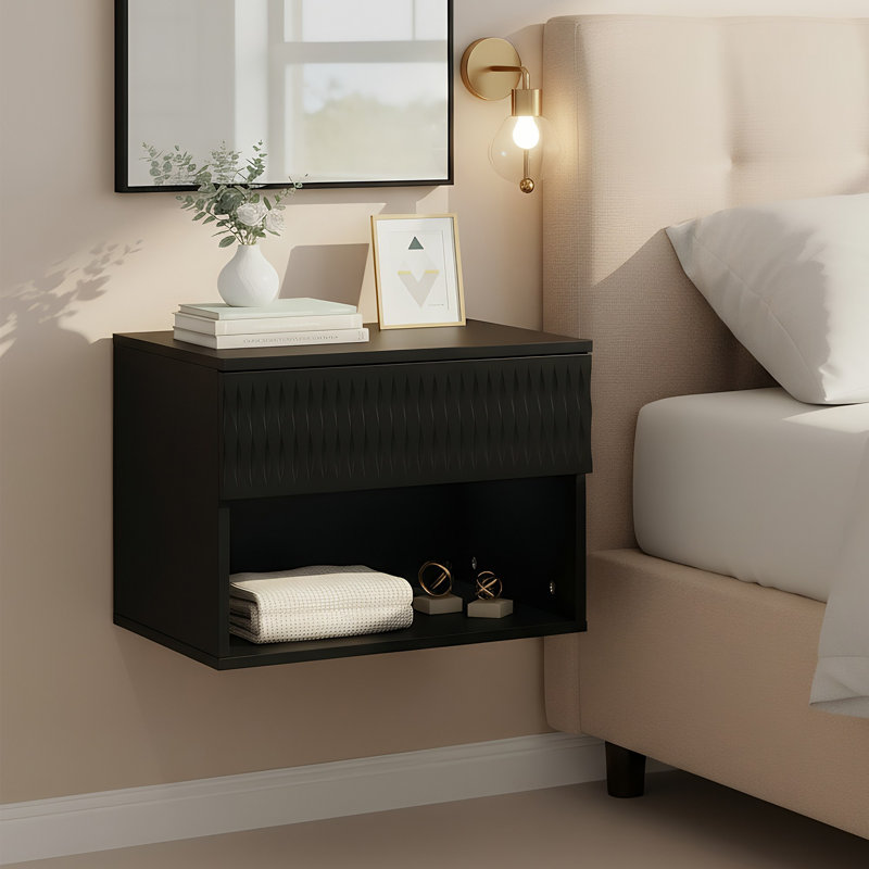 Floating Wood Wall Mounted Nightstand with 1 Storage Drawer and Shelf (Set of 2), Black