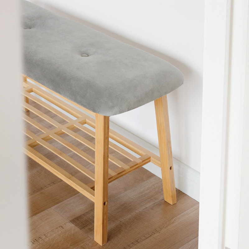 35.6" Upholstered Shoe Bench with Storage Shelf for Entryway, Gray Velvet Cushion, Medium Gray, 17.5" H x 35.6" W x 13.5" D