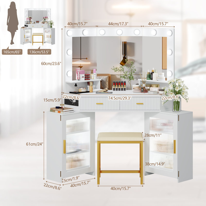 Modern Corner Makeup Vanity Set with Mirror and Cabinets, White