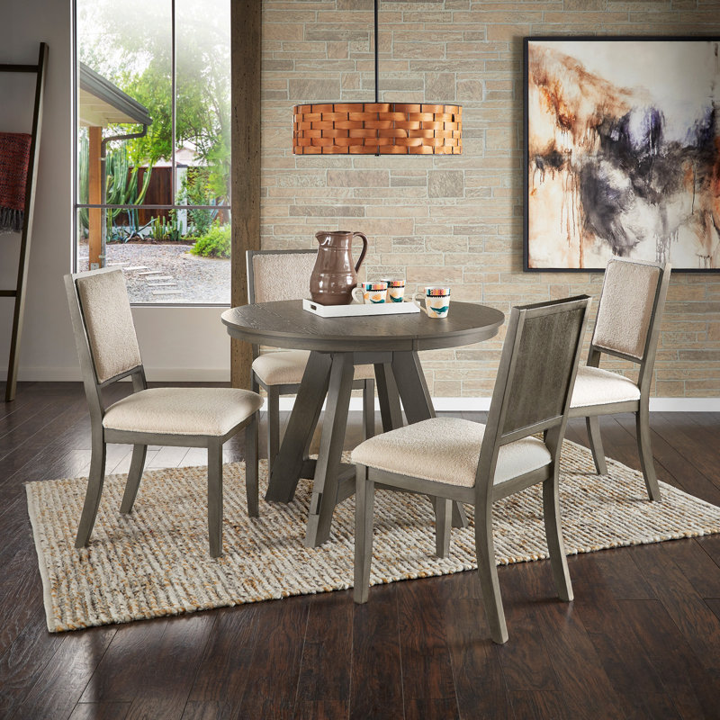 Cipolla 42"-60" Wood Finish Extendable Round Dining Set - 5-Piece, Dining Table And Cream Boucle Fabric Dining Chairs, Gray
