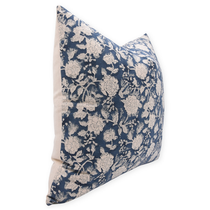 Natural Linen Blue  Pillow Cover Block Print Boho Throw Cushion for Modern Homes Size- 20X20, Square, 20" x 20"
