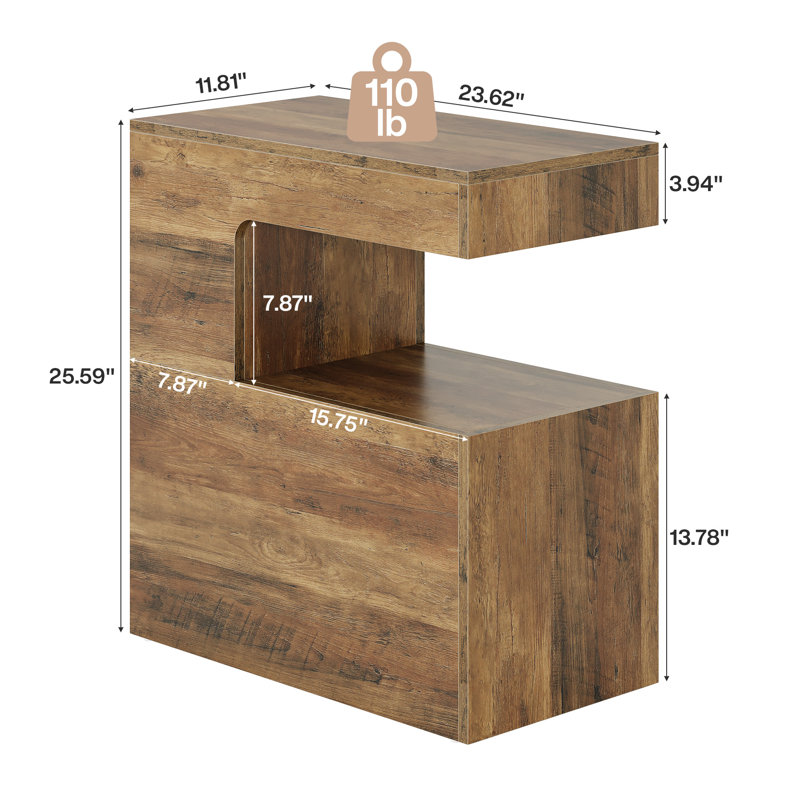 25.59" C-Shaped End Table with 2-Tier Storage, Rustic Brown Sofa Side Table
