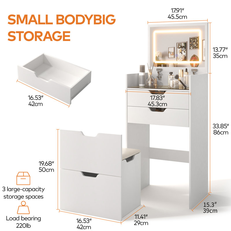 Petit bureau de coiffeuse 3 en 1 avec miroir à DEL