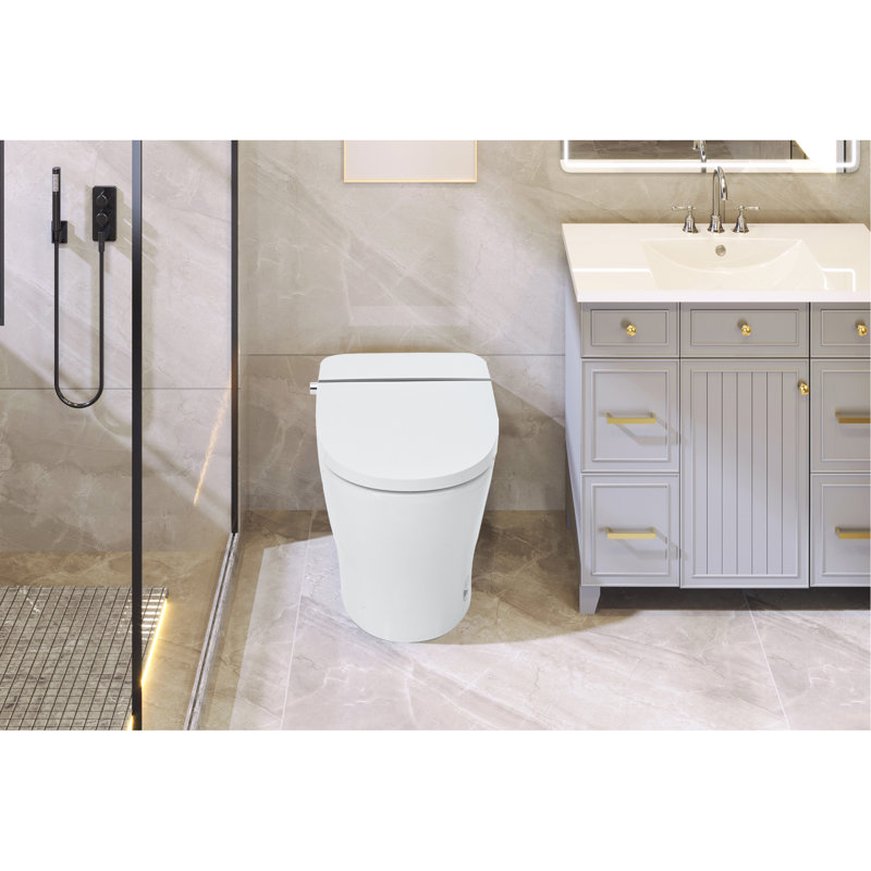 Heated Seat Smart Toilet Without Bidet, Upmarket Compact Dual Flush Toilet 1/1.28 GPF, Tank Less Toilet With Adjustable Temp Heated Seat, Foot Sensor Flush, White Night Light, Knob Control, Auto Flush