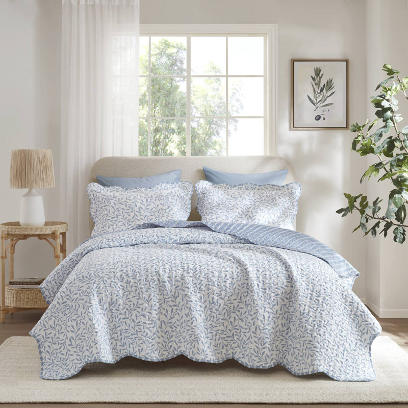 Ensemble de courtepointe à imprimé 3 pièces Darcy, Courtepointe pour grand lit + 2 taies décoratives, Motif floral bleu