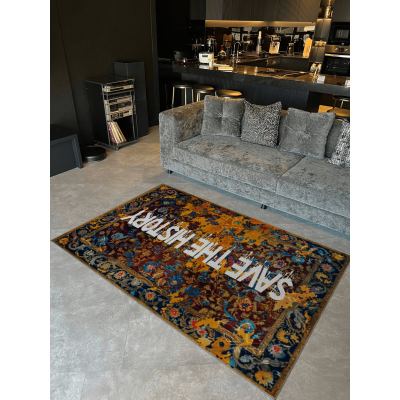 Written Collection "Save The History" Text Patterned Floral Modern Decorative Rug, Runner 3'3.37" x 9'10.11"