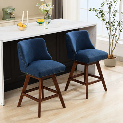 Of 2 Counter Height Swivel , 26'' Seat Height, Blue Upholstered, 360 Rotating For Dining, Soft Foam & Steel Spring Padding, Curved Back Support, American-Style, Made Rubberwood H In Fabric,