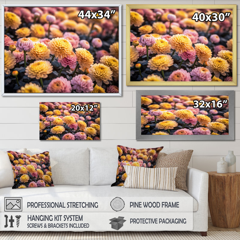 «Yellow Yellow Pink Chrysanthemums Field» sur impression sur toile, H 34 po x l 44 po x P 1,5 po, Cadre photo argenté
