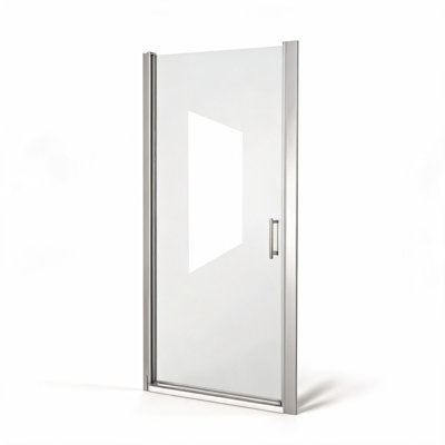 Porte de douche pivotante à demi-cadre en aluminium nickelé brossé de 71 cm x 183 cm, avec verre trempé de 6 mm, film anti-explosion et poignée en acier inoxydable.