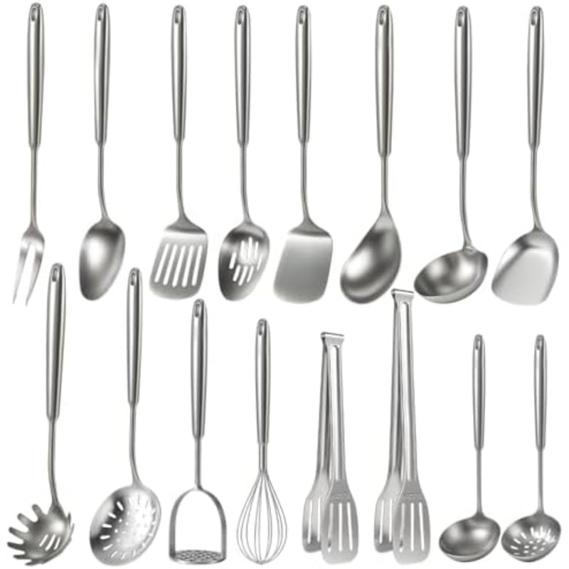Ensemble d'ustensiles de cuisine 16 pièces, ensemble d'ustensiles de cuisine en acier inoxydable 304, accessoires de cuisine en métal, comprend une louche à soupe, une cuillère écumoire, une cuillère à spaghetti et une spatule, va au lave-vaisselle