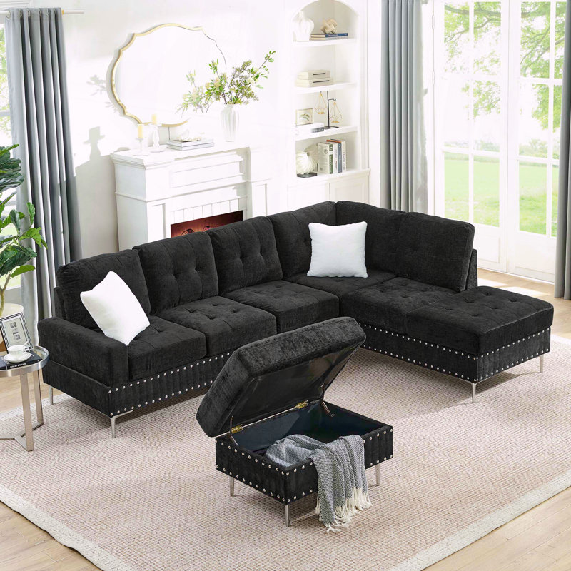 Canapé modulaire à 3 places avec repose-pieds et repose-pieds en métal, Noir