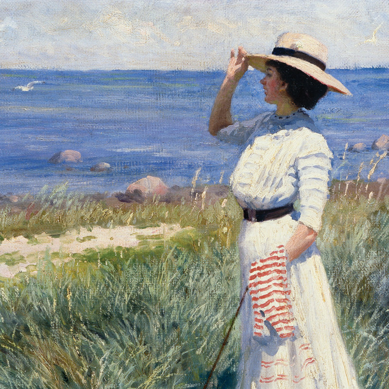 Victorian Beauty Gazing Out to Sea Canvas Painting with Gold Frame