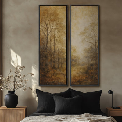 «Warm Misty Woodland Trees Landscape for Living Room», ensemble de 2 reproductions d'art encadrées sur toile 60 po x 20 po x 2 pièces