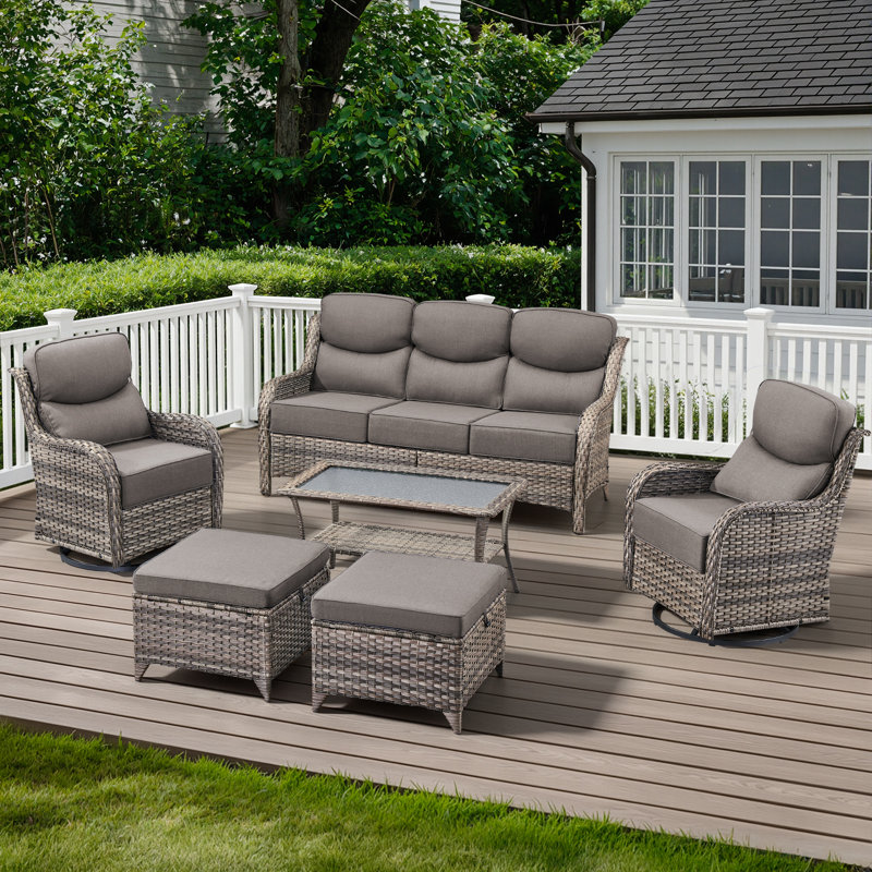 6-Piece Outdoor Wicker Patio Conversation Set With Swivel Chairs And Coffee Table, Gray, Gray