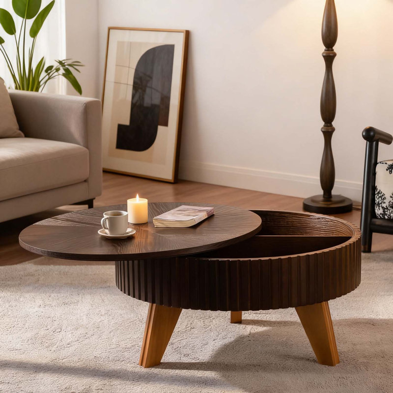 Retro Round Coffee Table With Storage, Brown Top/Natural Base, 15.7" H x 39.37" L x 39.37" W