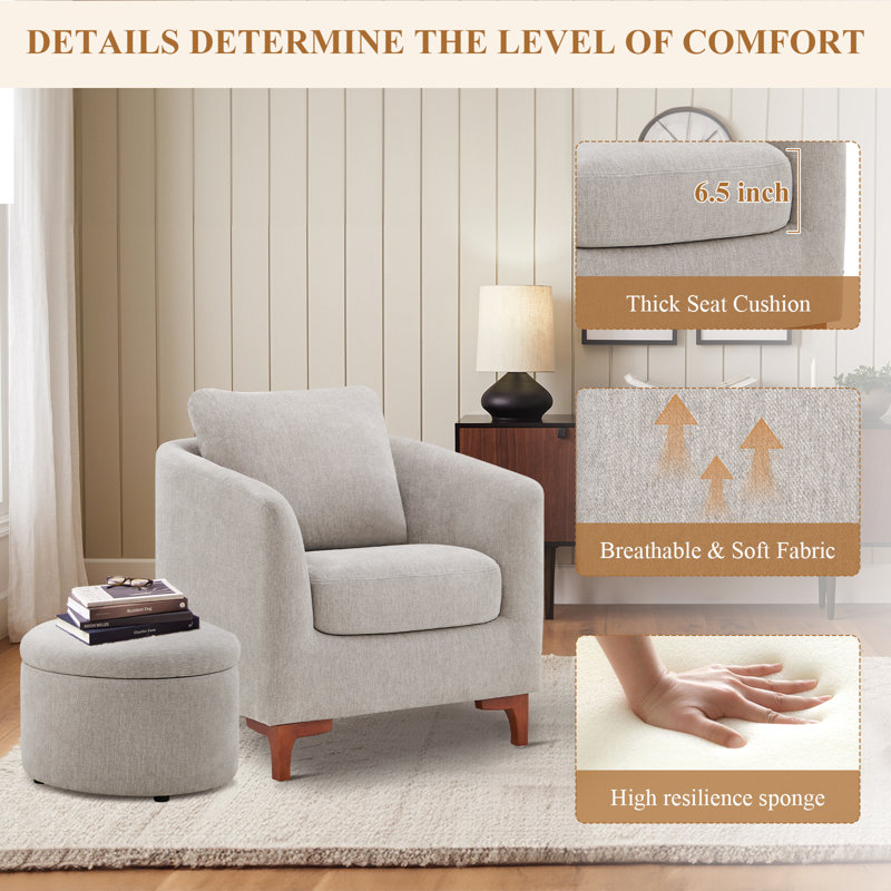 29.5" Wide Upholstered Barrel Accent Armchair With Storage Ottoman and Pillow, Light Gray Microfiber