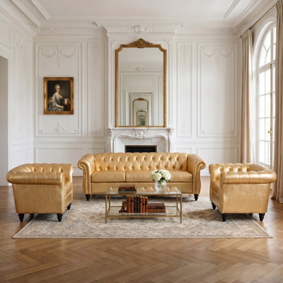 Versatile PU Leather Living Room Set with Sturdy Birch Legs and Deep Button Tufting for Comfort.