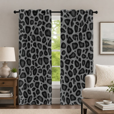 2Pcs Grey and Black Leopard-Print Curtains, Animal Pattern Curtain, Chic Wild Style Geometric Animal Spot Printed Art Grommet Drapes, Window Treatment for Bedroom Living Room Decor