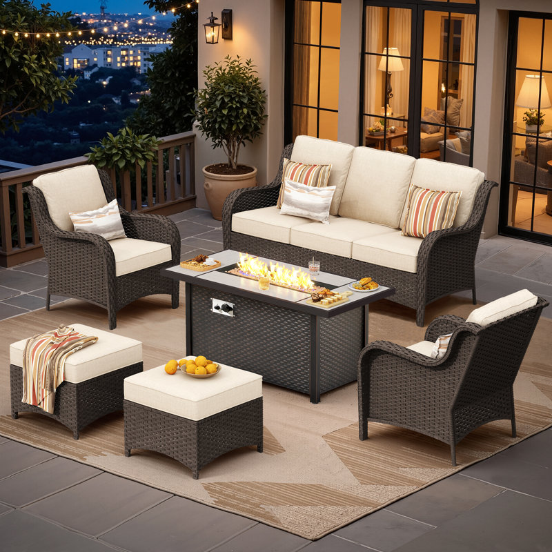 5 - Person Wicker Outdoor Conversation Set, Patio Sofa Set with Fire Pit and Cushions, Beige Cushion/Brown Frame