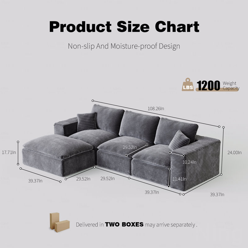 Canapé modulaire de 108 po avec méridienne en forme de L, canapé modulaire de style moderne avec siège très profond interchangeable de gauche à droite, sièges rembourrés