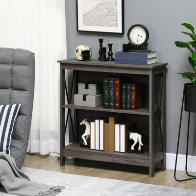 Industrial Style Corner Open Bookshelf With Storage Shelves And Metal X Bar Frame For Living Room, Dark Grey