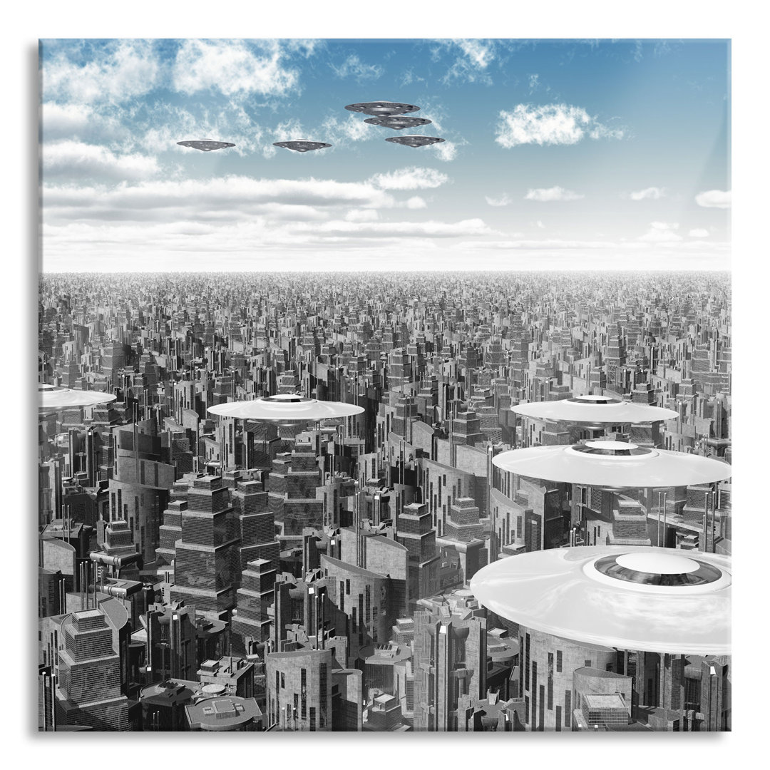 Ungerahmter Grafikdruck auf Glas "UFOs over the City"